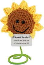 DAFURIET Mini Funny Sunflower, 3 inch Knitted Wool Doll with Optimstic Card for Cheer Up Gifts and Party Decorations, Cute Wool Sunflower Crochet Doll for Birthday Gifts