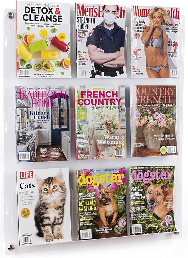 Displays2go 3-Tiered Clear Acrylic Magazine Rack, Adjustable, 9-18 Pockets - Clear (2RP9CLR)