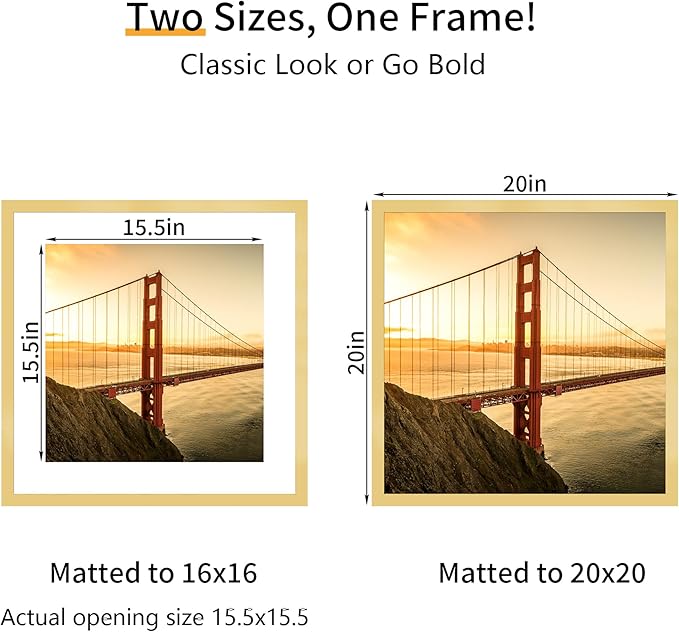 20x20 Picture Frame 3 Pack - Gold Poster Frame Display Pictures 16x16 with Mat or 20 x 20 Without Mat for Wall Hanging Horizontal and Vertical