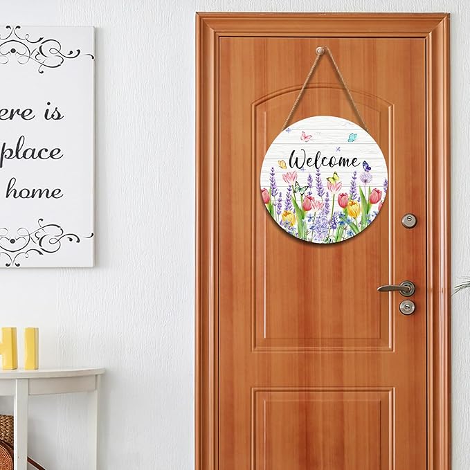 Welcome Spring Summer Tulip Flower Front Door Sign Spring Door Decorations Floral Wooden Hanging Sign Summer Door Hanger Tulip Wreath Wall Sign for Indoor Outdoor Porch Yard Garden Decor 12x12 Inch