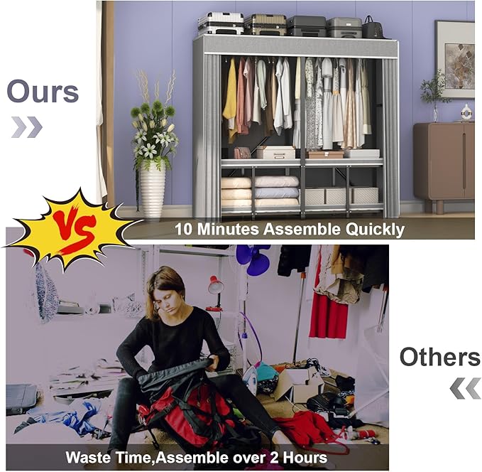 95% Assembled 66" L Clothes Racks for Hanging Clothes, Premium Metal Strong Heavy Duty Clothes Rack with Cover, Portable Foldable Freestanding Garment Rack, Black