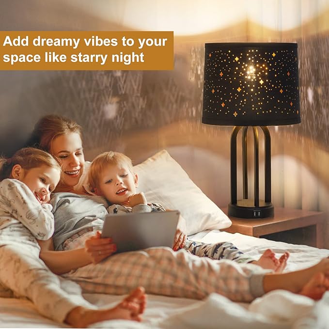 Black Lampshades Set of 2, Drum Lamp Shades with Sky Stars Design, 11.6" x 12.6" x 9.8" Inches Medium Lampshades for Table Lamp, Floor Lamp, Pendant Light, Harp Holders Included, Easy Assembly