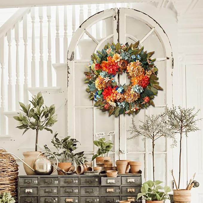 WANNA-CUL 24 Inch Spring Hydrangea &Peony Wreaths for Front Door, Summer Fall Door Wreath with Orange Dahlia Flowers for Wedding or Indoor&Outdoor Decoration