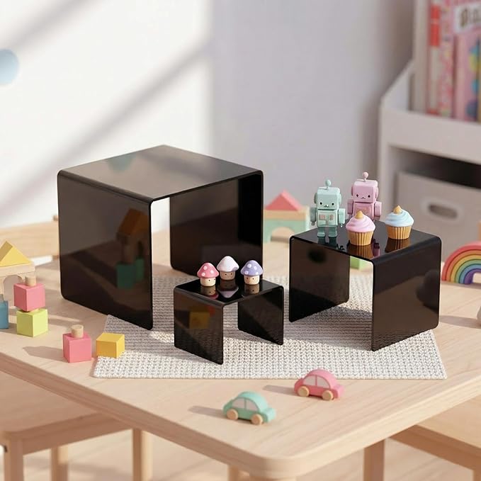 Chuangdi 2 Sets Acrylic Display Risers, Product Stand, Jewelry Display Riser Shelf Showcase Fixtures for Dessert Cupcake Candy Figure Treat Action Showcase(Black,Medium Set)