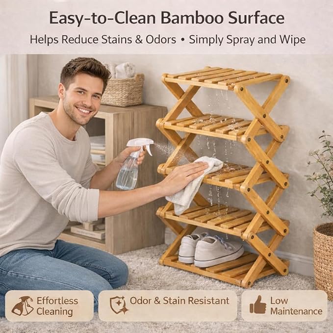 The 9-Tier No-Assembly Bamboo Rack, Folding Bamboo Shoe Rack Organizer with Collapsible Vertical Design, Space-Saving & No-Tool Assembly, for Entryways,Corners,Bedrooms,Balconies (Yellow,3)