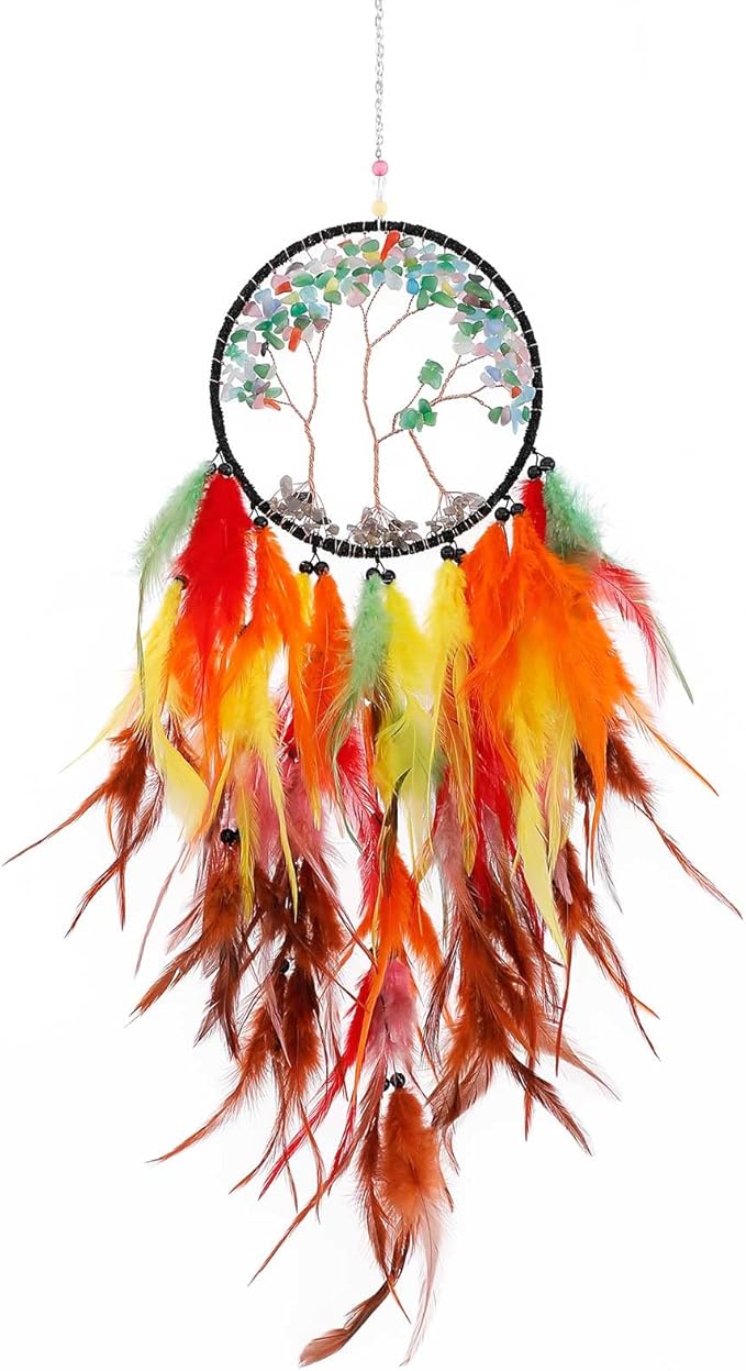 Pretty Jolly Cat's Eyes Tree of Life Dream Catcher Wall Decor with Healing Crystal Stone Handmade Colored Feather Dream Catchers Decoration Wall Hanging Bedroom Room Wedding Party Wish Gift-25.6"