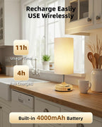 EZVALO Cordless Table Lamp, Ambient Light, Dimmable, Touch, Timer, 2700K, Bedroom, Portable, LED, Wireless, Rechargeable, Battery Operated, Desk Lamp, Fabric Shade, Wood-Grain Finish, Living Room
