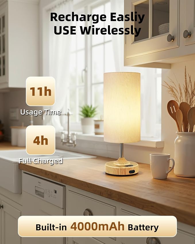 EZVALO Cordless Table Lamp, Ambient Light, Dimmable, Touch, Timer, 2700K, Bedroom, Portable, LED, Wireless, Rechargeable, Battery Operated, Desk Lamp, Fabric Shade, Wood-Grain Finish, Living Room