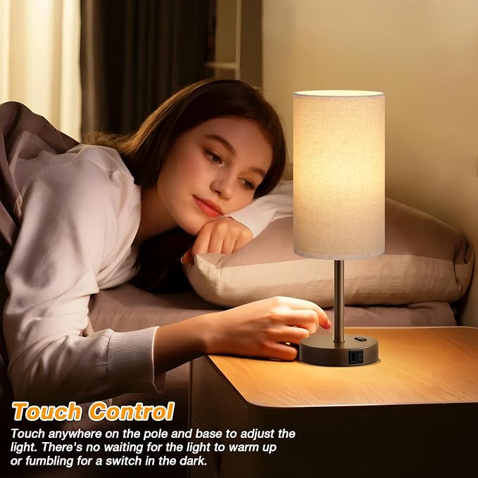 Dicoool Touch Bedside Table Lamp with USB - 3 Way Dimmable Brown Lamp for Bedroom Nightstand, Desk Lamp with Charging Station for Dorm, Office, Kids Room, Living Room