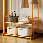 Gold clothing rack with bottom Storage shelves and 6 side hooks,Sturdy metal clothes rack for Hanging Clothes,Modern garment rack Wardrobe Rack for Bedroom or Boutique