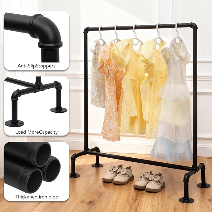 Kids Pipes Dress up Clothing Rack, Kids Clothes Rack, Child Garment Rack, Hanging Clothes Rod Storage Shelf Organizers Shelves Shelving, Black Metal