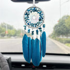 Car Rear View Mirrior Hanging Accessories Blue Dream Catcher Small, Crystals Stones Feather Pendant Interior Rearview Mirror Decoration