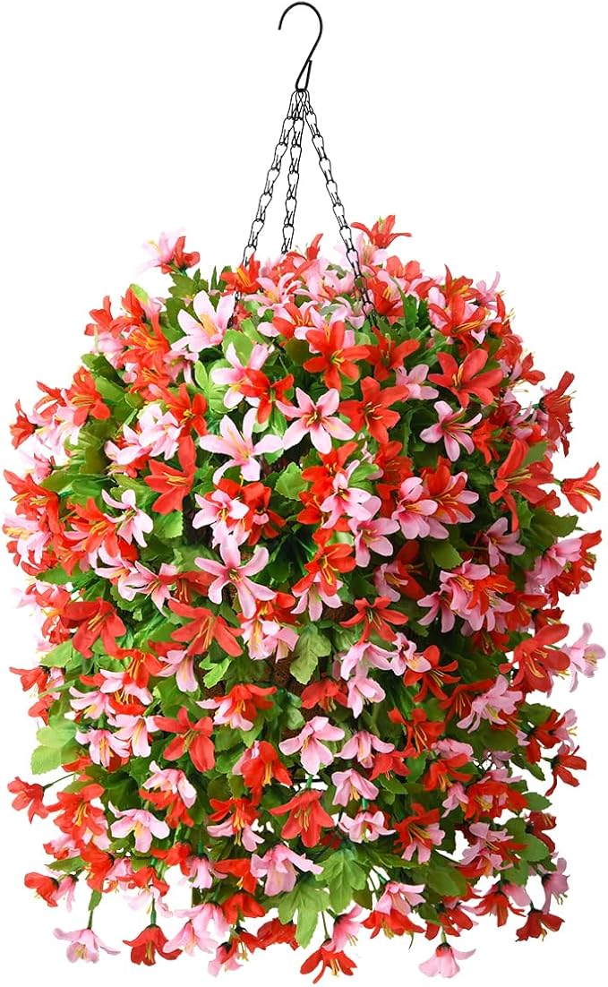 INQCMY Artificial Hanging Flowers Decoration, 4pcs Fake Floral Basket Plants for Outdoor Porch, Faux Shrubs Home Spring Decor UV Resistant Potted Violets for Outside Garden No Fade