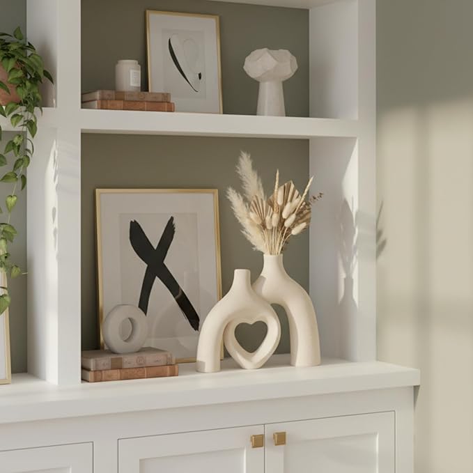 Modern Ceramic Vase, Snuggle Heart-Shaped Abstract Sculpture Vases, Minimalist Boho Home Decor for Living Room Shelf & Table Centerpiece Decorative Vase (Milky White)