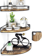 Corner Shelf Wall Mounted, Set of 3 Corner Floating Shelves with Cord Hole and Guardrail for Cable Box, Baby Monitor Pet Cameras, Speaker, Nursery Kitchen Living Room Bathroom, Dark Brown