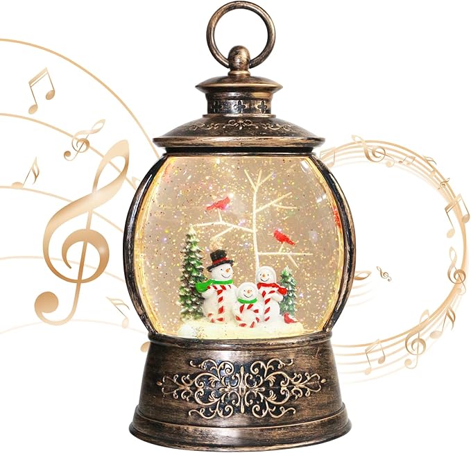 Christmas Cardinal Snow Globe 12.5In High, Snowman Musical Snow Globe Lantern Lights with 6 Hour Timer and Batteries Powered, Retro Style Holiday Glitter Globe for Xmas Home Decoration and Santa Gifts