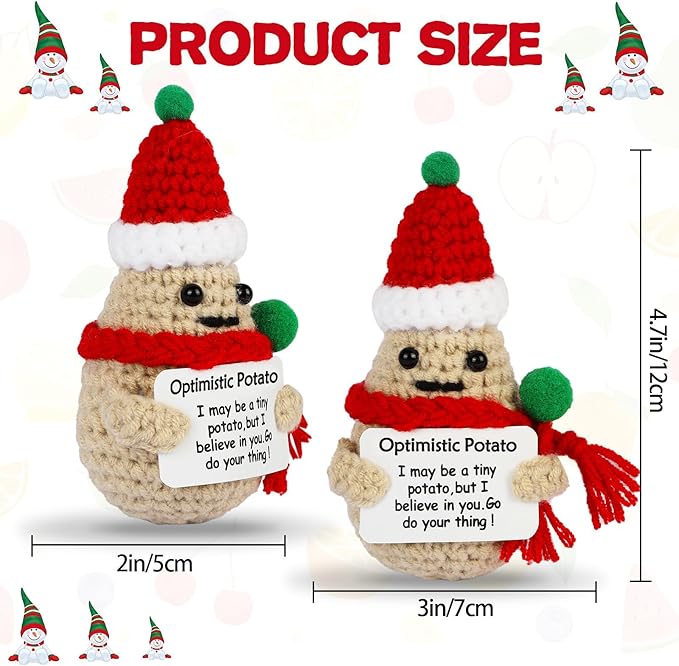 DAFURIET Positive Christmas Potato, 3 inch Knitted Wool Doll with Card for Cheer Up Gifts and Party Decorations, Cute Wool Potato Crochet Doll for Birthday Gifts (Christmas Potato)