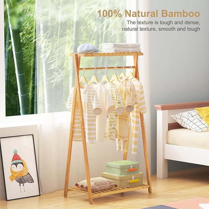 Bamboo Kids Clothing Rack,Small Dress Up Clothes Rack for Kids,Child Dress Up Rack with 2 Storage Shelves,Portable Garment Rack for Playroom Toddles Bedroom
