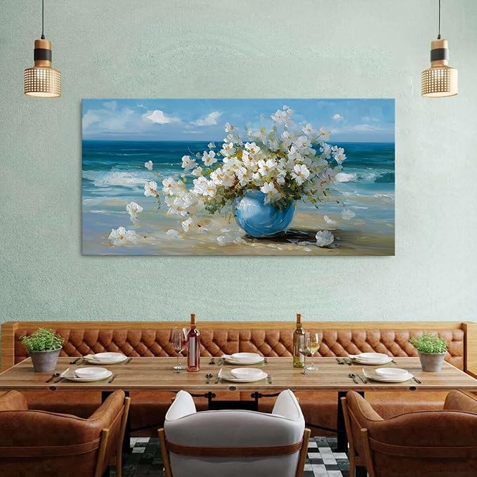 Vintage Flowers Canvas Wall Art White Blossom Painting Retro Flowers in Blue Vase Pictures Blue Ocean Coastal Landscape Prints Poster Floral Artwork for Bathroom Bedroom Home Decoration 29.53x57.87"