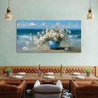Vintage Flowers Canvas Wall Art White Blossom Painting Retro Flowers in Blue Vase Pictures Blue Ocean Coastal Landscape Prints Poster Floral Artwork for Bathroom Bedroom Home Decoration 29.53x57.87"