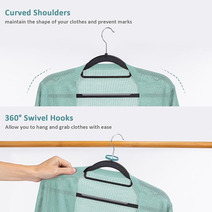 Heavy Duty Plastic Hangers 50 Pack, Space Saving Clothes Hangers, Non-Slip, 0.2 Inches Slim, 360° Swivel Silver Hook for Shirts, Sweaters & Pants, Black and Dark Gray