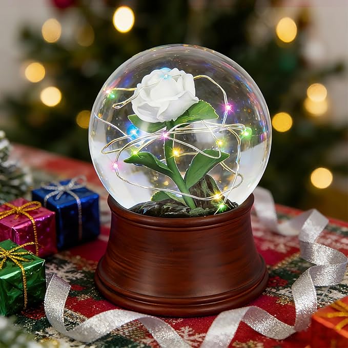 Rose Snow Globe Music Box, Preserved White Rose Flower Musical Snow Globes, LED Light Up Rose Snowglobe Water Globe Romantic Gift for Women Girls in Mother's Day, Anniversary, Christmas