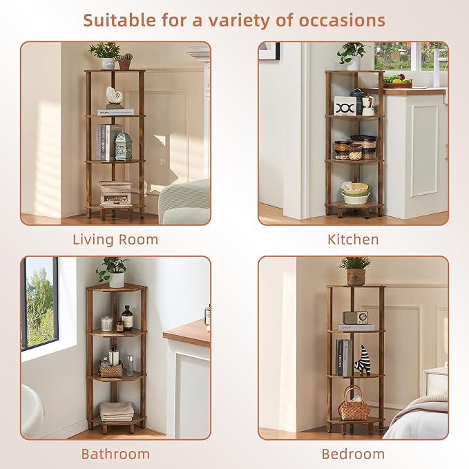 YUFAM 4-Tier Corner Shelf with Sturdy 5-Leg Base, Wooden Corner Bookshelf for Small Spaces, Corner Standing Shelf for Living Room, Bedroom, Office, Brown