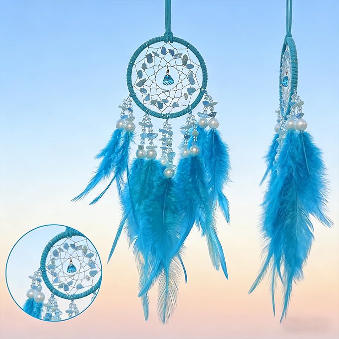Dream Catcher Car Rear View Mirror Pendant,Car Charm Crystal Small Dream Catchers for Rearview Mirror Hanging,Dreamcatcher car Charm Ornament Gift(Blue)