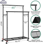 Double Rods Clothes Rack with Wheels Load 400 LBS, 45 Inch Rolling Clothing Rack for Hanging Clothes, Heavy Duty Garment Rack with Shelves, Metal Portable Closet, Black