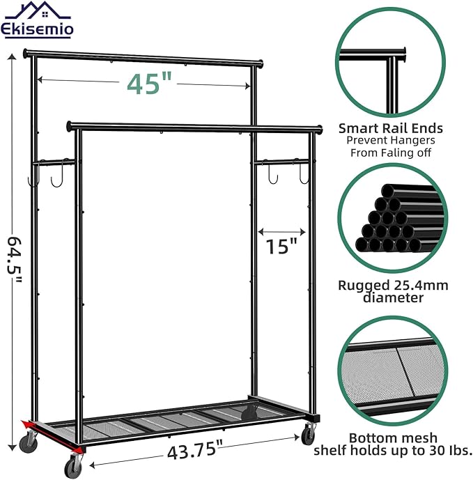 Double Rods Clothes Rack with Wheels Load 400 LBS, 45 Inch Rolling Clothing Rack for Hanging Clothes, Heavy Duty Garment Rack with Shelves, Metal Portable Closet, Black