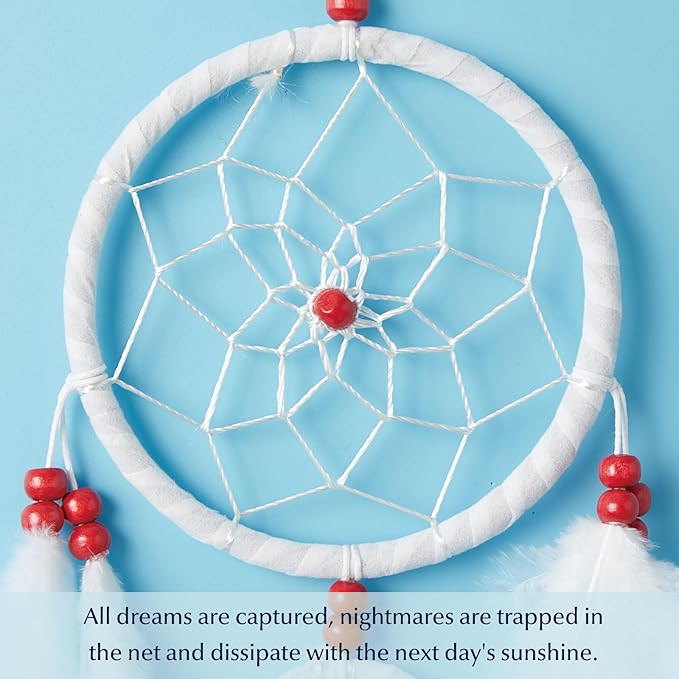 Pretty Jolly Indian Small White Dream Catchers Wall Decor Handmade Feathers Native Mini Dreamcatchers Home Decoration Ornament for Bedroom Birthday Party-2 Rings