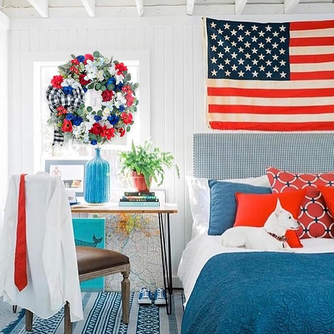 idyllic 22 Inch Patriotic Wreath 4th of July Wreaths for Front Door Red White and Blue Wreath Artificial Roses Hydrangea and Plaid Bow for Memorial Independence Day Spring Indoor Outdoor Decorations