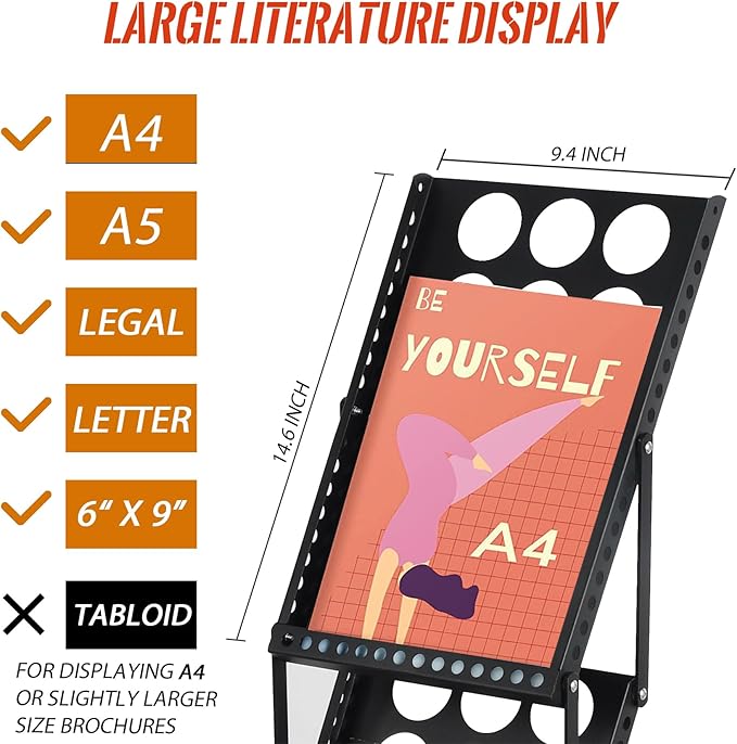 Literature Catalog Rack, Foldable Magazine Brochure Display Stand, Magazine Floor-Standing with Portable Oxford Bag, for Office Store and Exhibition Trade Show (4 Pockets, Black)