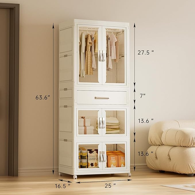Large Portable Kids Closet Children's Armoire Adults Clothes Wardrobe Closet with Drawers and Doors, Collapsible Baby Costume Storage Organizer Kids Dress Up Storage Cabinet with Hanging