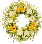 24 Inch Spring Yellow Floral Wreath for Front Door, Artificial Camellia & Orchid Wreath with Eucalyptus Greenery, Farmhouse Door Decor for Spring Summer Wedding Wall Window