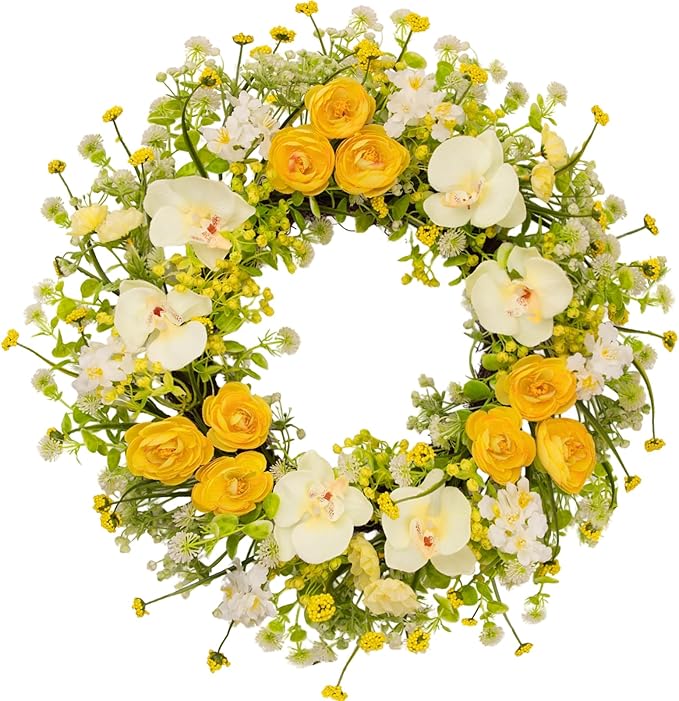 24 Inch Spring Yellow Floral Wreath for Front Door, Artificial Camellia & Orchid Wreath with Eucalyptus Greenery, Farmhouse Door Decor for Spring Summer Wedding Wall Window