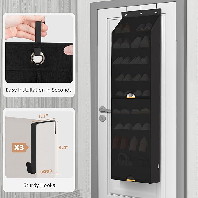 STORAGE MANIAC Over the Door Shoe Organizer with Curtain Dustproof Heavy-Duty Large Deep Pocket Hanging Shoe Organizer for Closet Dorm & Narrow Door Storage Shoe Holder Shoe Rack, 9-Shelf Black 1 Pack