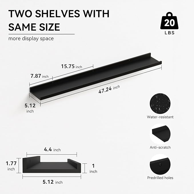 Boswillon 47.2 Inches Long Floating Shelves Wall Mounted, 2 Set Modern Wall Shelf for Bedroom, Nursery Book Shelf with Lip, Picture Ledge Shelf for Decor Living Room Bathroom Kitchen - Black