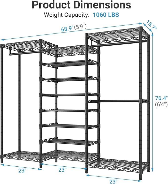 VIPEK S3 Heavy Duty Garment Rack Freestanding Clothes Rack Closet Storage Organizer Large Wardrobe with 6-Tier Shoe Rack, Hanging Rod, Adjustable Shelf, 68.9" L x 15.7" W x 76.4" H, Black