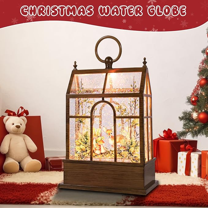 Christmas Snow Globe Lantern Greenhouse Water Glittering Globe with Little Lawn 6H Timer Function Christmas Snow Globes 3 AA Battery Operated for Christmas Festival Decorations Gifts (Greenhouse)