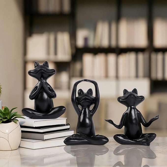 Suoedd Black Frog Figurines Yoga Decor Set of 3 –Frog Yoga Statues for Modern Living Room Table Office Bookshelf Shelves Home Sculptures Decor