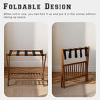 Bamboo Luggage Rack with Shoe Shelf Folding Suitcase Stand with 5 Heavy-Duty Straps for Guest Room Living Room Hotel Ideal Luggage Holder for Suitcases Bags Shoes,Walnut Brown