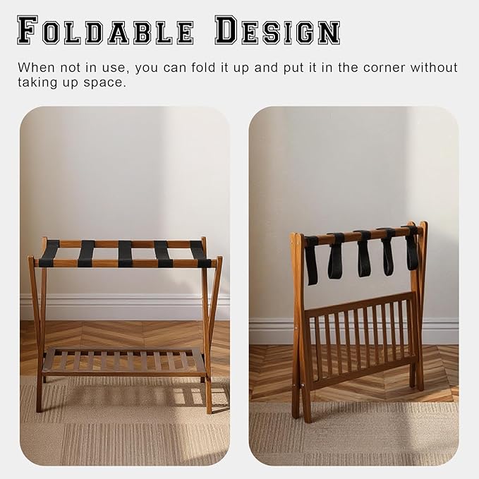 Bamboo Luggage Rack with Shoe Shelf Folding Suitcase Stand with 5 Heavy-Duty Straps for Guest Room Living Room Hotel Ideal Luggage Holder for Suitcases Bags Shoes,Walnut Brown