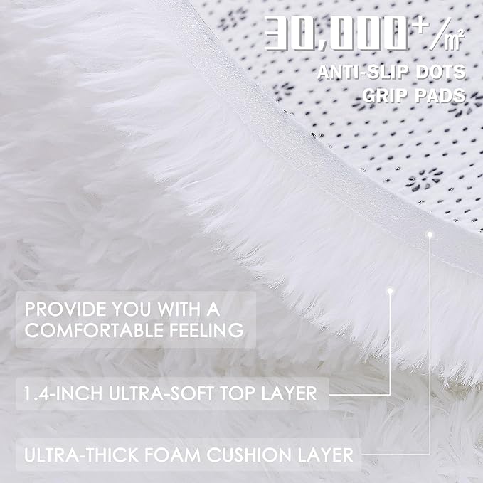 OLANLY White Round Rugs for Bedroom - Machine Washable, 8 ft Circle Area Rugs for Living Room, Soft and Fluffy Shaggy Carpet for Teen Girls and Boys, Nursery Rooms, Dorms, Home Decor Aesthetic