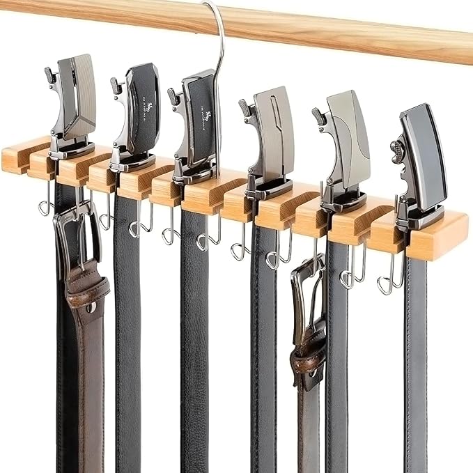 Wooden Belt Hanger for Closet 2-in-1 Wall Mount Belt Organizer Holder for Closet Organizer Storage, Ratchet Belt Rack Closet Accessories with 12 Slots & 11 Hooks