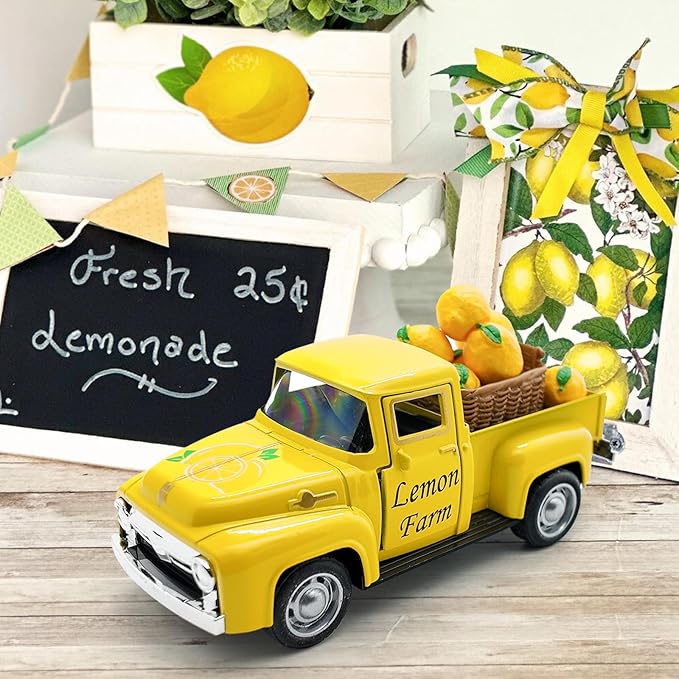 Lemon Truck Decor, Farmhouse Yellow Pickup Truck with Lemons, Tiered Tray Tabletop Decoration, Summer Lemon Kitchen Shelf Decor, Rustic Vintage Home Accent