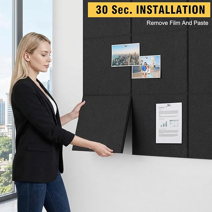 Large Cork Bulletin Board Wall - 48" x 36" Felt Pin Board TSJ OFFICE 12 Pack Tiles Set with 50 Pushpins & Safe Removable Adhesive Tabs, Corkboard for Office Home Office Decor Classroom Display - Black