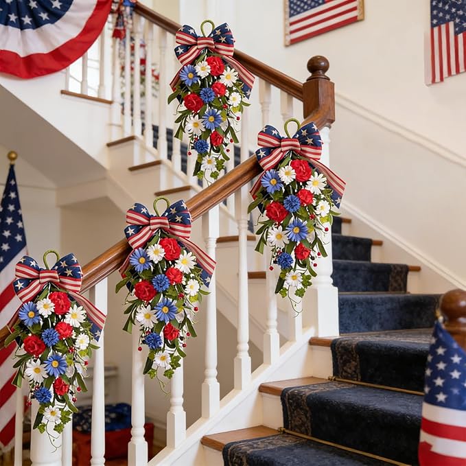 belot Patriotic Red White Blue Swag for Front Door, 20 Inch Patriotic American Memorial Day Floral Teardrop Swags, 4th of July Swag for Indoor Outdoor Farmhouse Decor