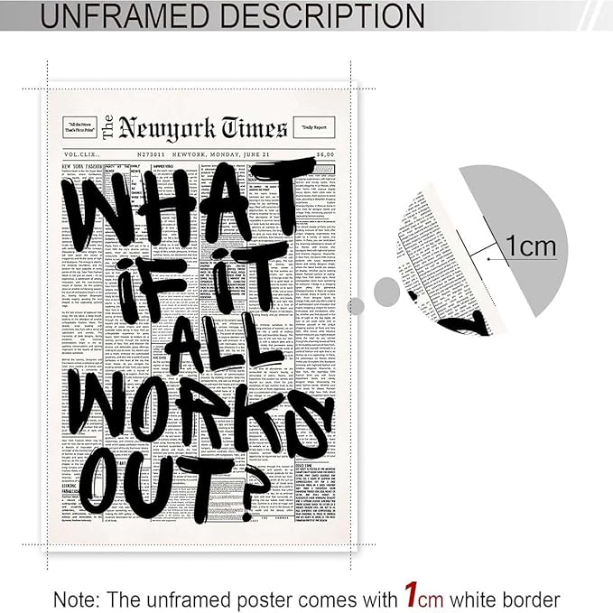Drimiler Retro Black And White Newspaper Poster What If It All Works Out Canvas Wall Art Positive Affirming Quote Minimalist Prints Painting For Home Bedroom Dorm Wall Decor 12x18in Unframed