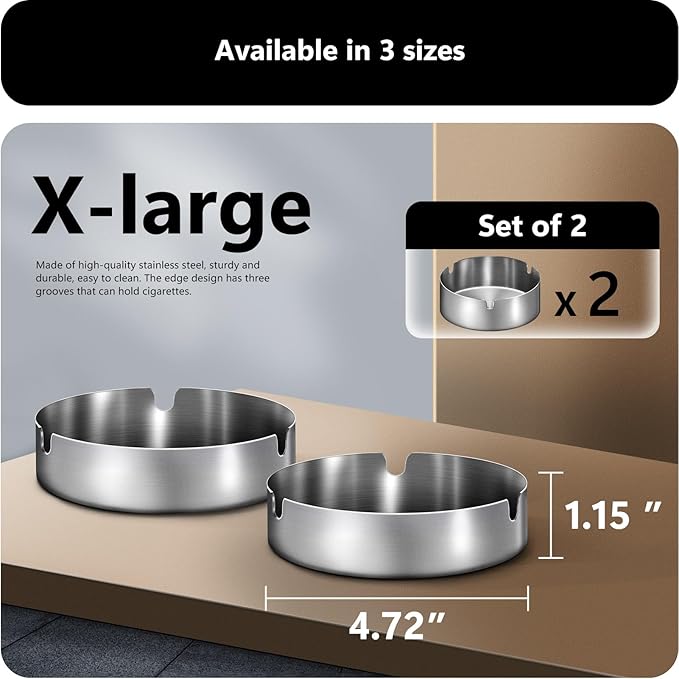 roygra Ash Tray (2 Pack), Outdoor Ashtray for Outside Patio, Stainless Steel Ashtrays for Cigarettes with 3 Holder, Smoking Accessories, Home Décor, Ashtrays for Smokers Indoor - Blue, X-Large
